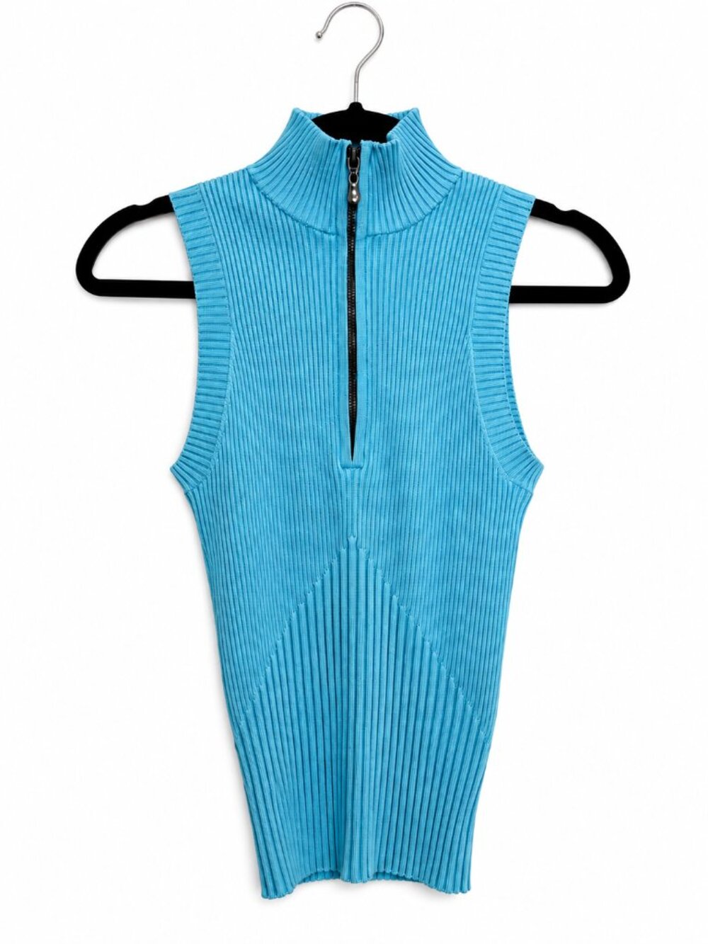 Cache Aqua Blue Ribbed Silk Blend Sleeveless Zip Mock Neck Top Size S